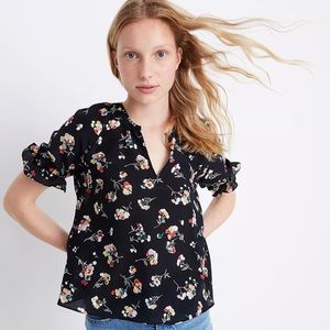 Madewell Silk Notched Ruffle-Cuff Top in Carnation Toss